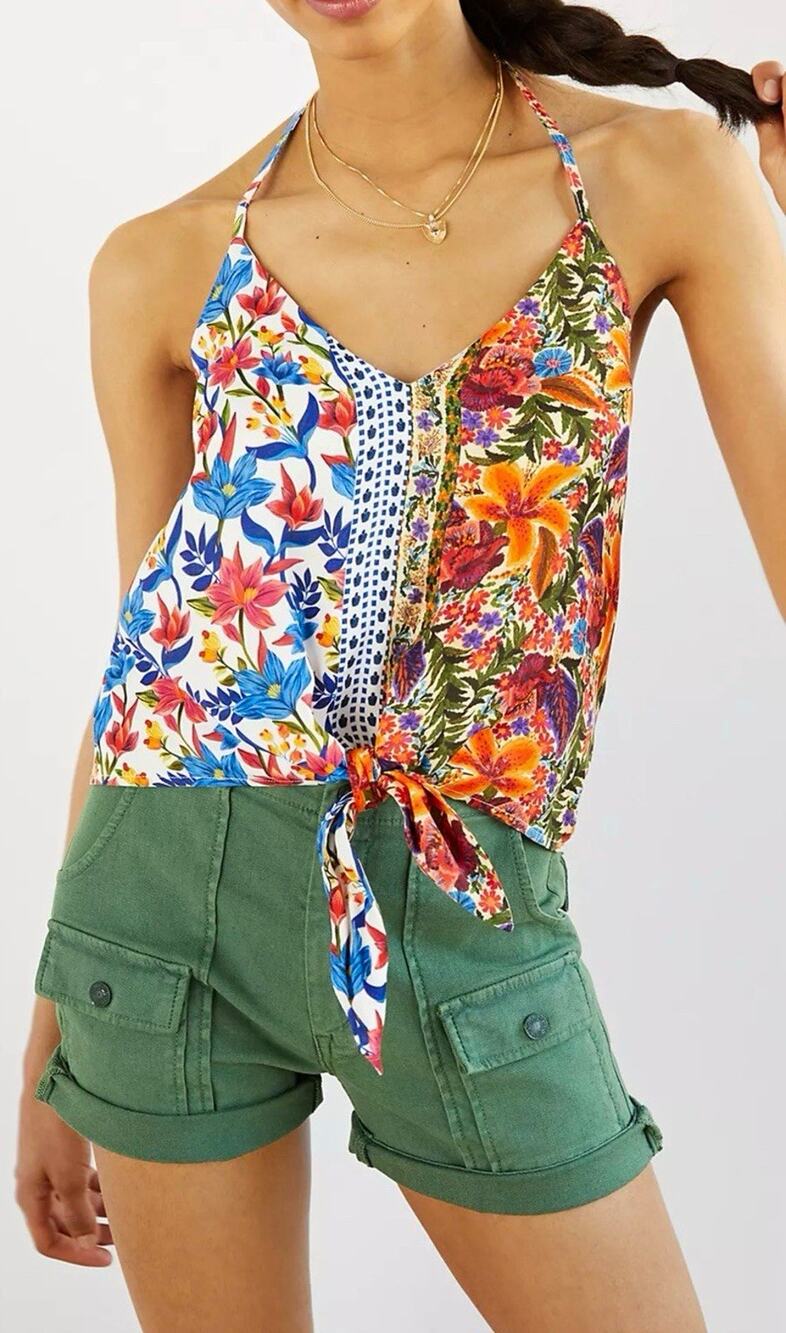FARM Rio Spliced Cami Floral Halter Tie Front Top Women’s Size L Beaded Lined